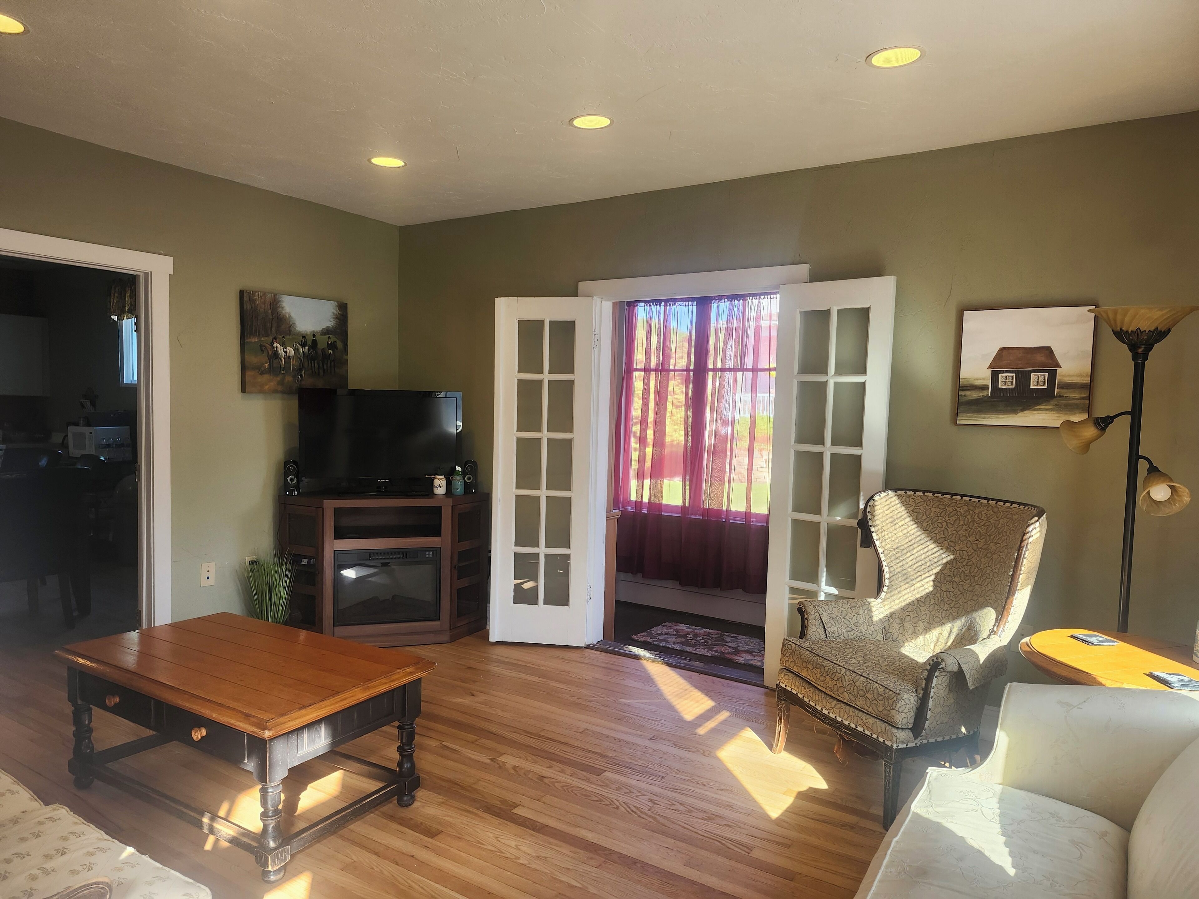 Smart TV, fireplace, books