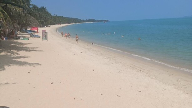 A beach with a clear sky, palm trees, and a few people walking. - Private house one bedroom, full furniture, small kitchen, 5 minutes to the beach (Koh Samui)