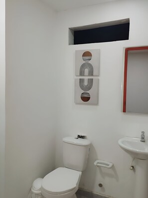 Shower, towels, soap, toilet paper