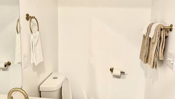 Hair dryer, towels, soap, toilet paper