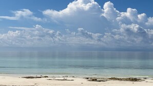 Una playa con agua azul cristalina y una orilla arenosa.