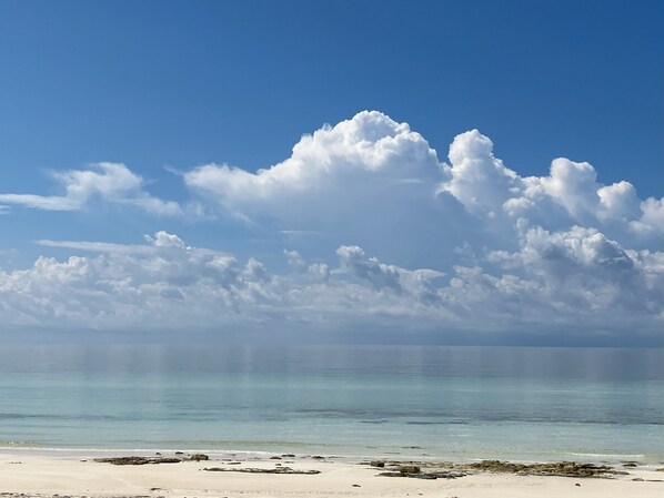 Una playa con agua azul cristalina y una orilla arenosa.