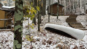 A snowy forest scene with a wooden cabin and a curved wooden bridge.