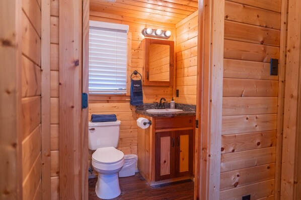 Baño de cabaña de madera con inodoro, lavabo y espejo.