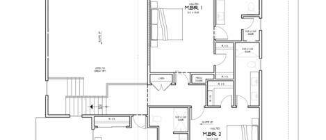 Plano detallado de un hotel con varias habitaciones, que incluye un dormitorio principal, dos habitaciones adicionales, un baño y un espacio para guardar ropa de cama.