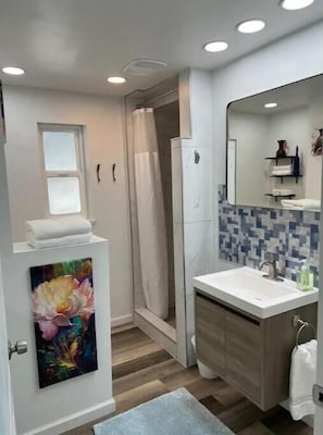 Shower, hair dryer, towels, soap