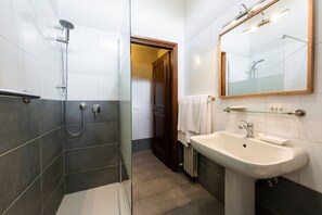 Een douche, een haardroger, een bidet, handdoeken