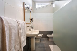 Een douche, een haardroger, een bidet, handdoeken
