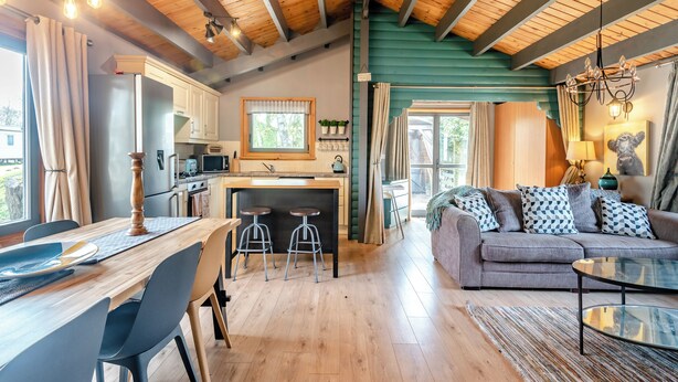 Una cocina moderna con comedor, un sofá y una mesa de centro.