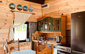 Fridge, stovetop, cookware/dishes/utensils