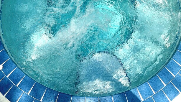 A circular pool with a blue tiled edge and a metal ladder. - Sarasota modern house, heated saltwater pool, close to beaches and downtown! (Sarasota)