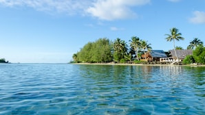 A beachfront property with clear blue water, palm trees, and a thatched-roof building. - Mangavai Bungalow (Rarotonga)