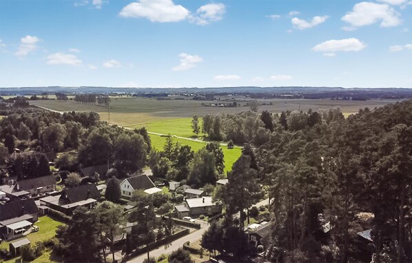 A rural landscape with houses surrounded by dense trees and open fields.
