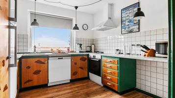 Fridge, stovetop, dishwasher, coffee/tea maker