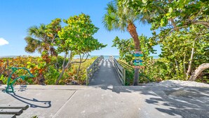 Un paseo marítimo de madera que conduce a una playa, rodeado de abundante vegetación y palmeras.