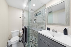 Hair dryer, towels, soap, shampoo