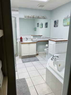 Hair dryer, towels, soap, shampoo