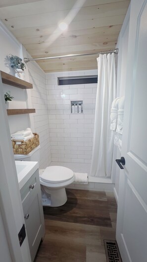 Douche, séchoir à cheveux, serviettes fournies, savon