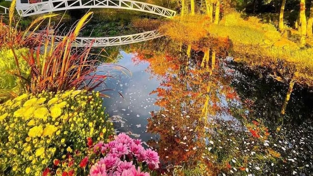 A white house with a white bridge over a pond surrounded by autumn foliage and flowers.