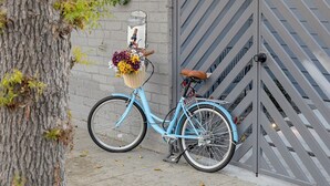 A blue bicycle with a basket of flowers parked against a gray metal gate. - Hollywood Family Nest in Burbank, Steps to Studios! (Burbank)