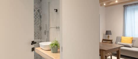 Shower, hair dryer, bidet, towels