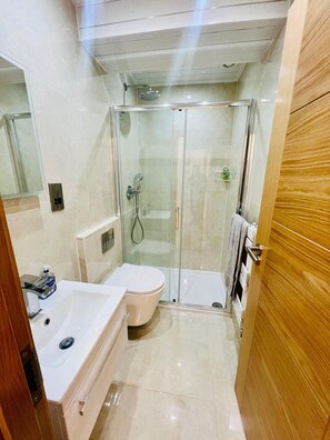 Combined shower/tub, hair dryer, towels, soap