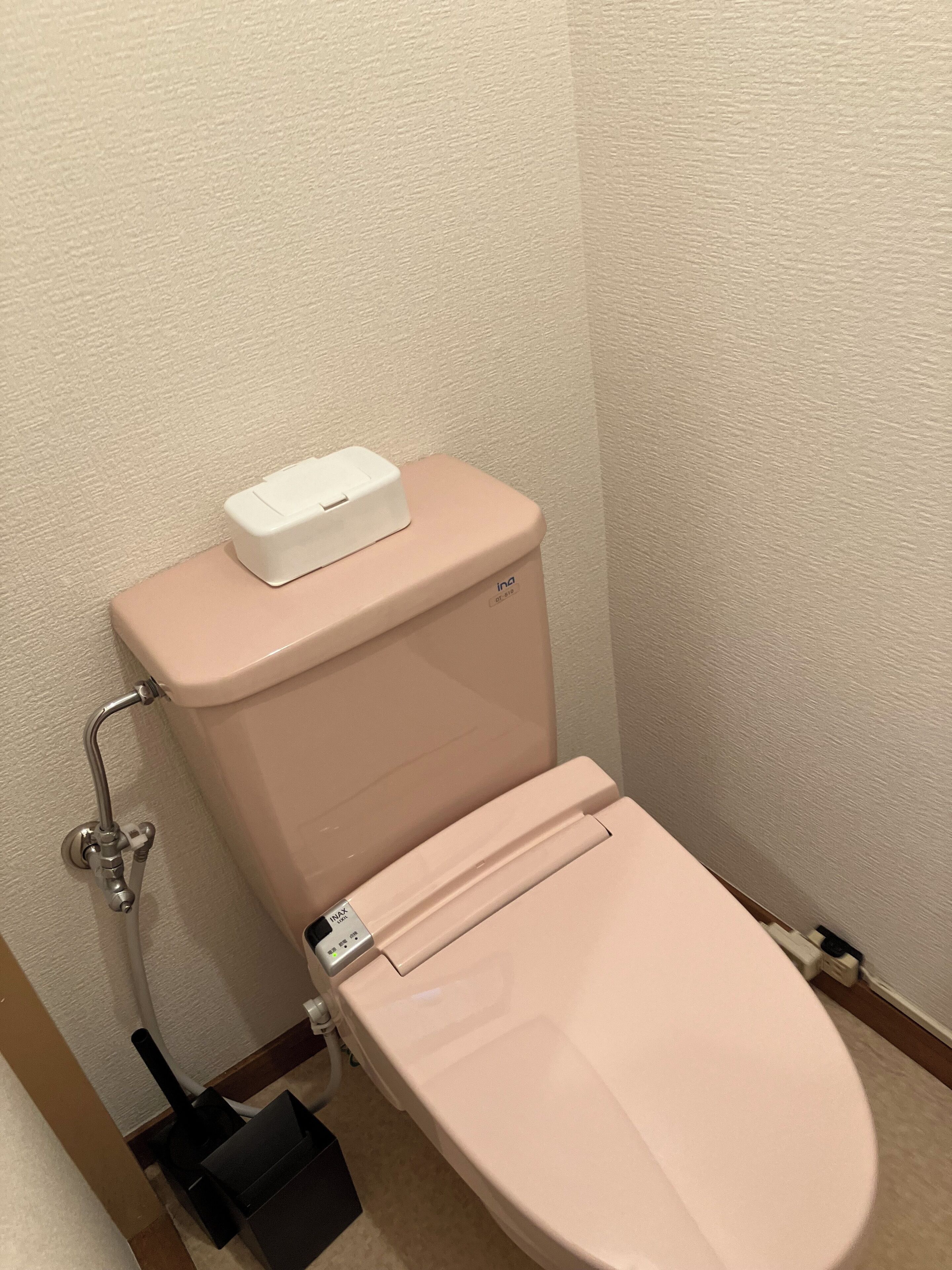 En toalett med en rosa spolcistern och ett rosa toalettlock, en vit spolknapp och en svart bidéfunktion.