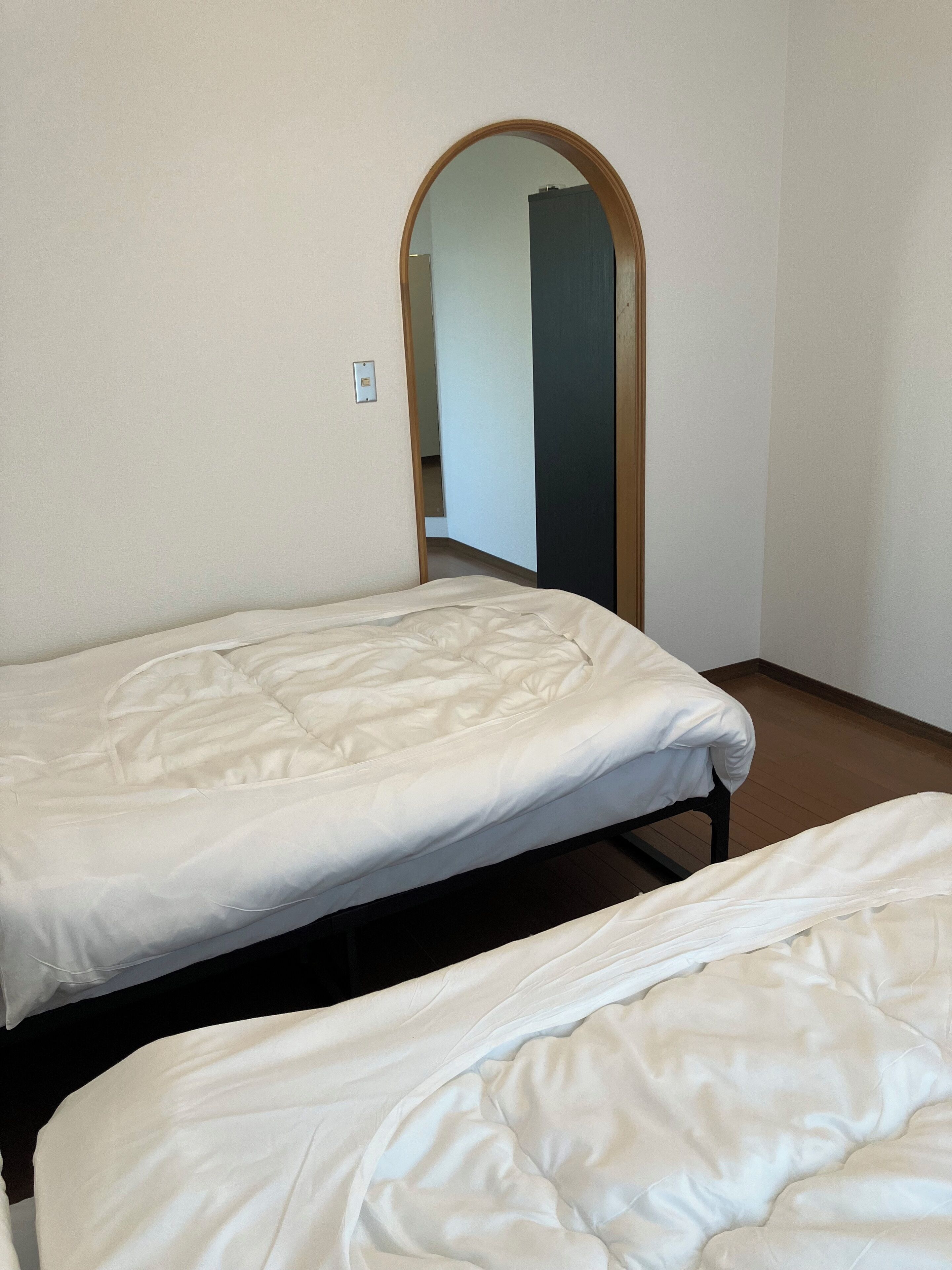 A room with two single beds, a wooden door, and a plain white wall.