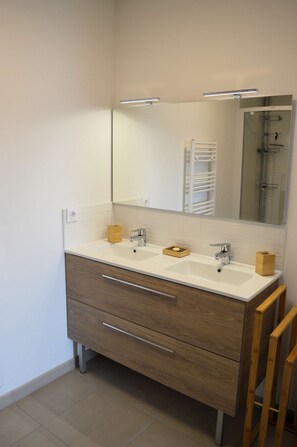 Shower, hair dryer, towels