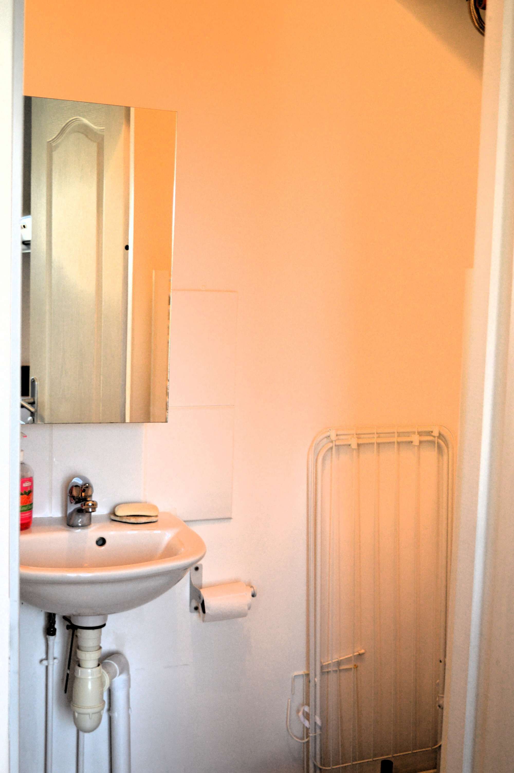 Et badeværelse med en hvid vask, et spejl, et håndklædestativ og en toiletpapirsholder.