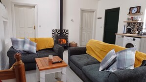 Smart TV, fireplace, books, stereo