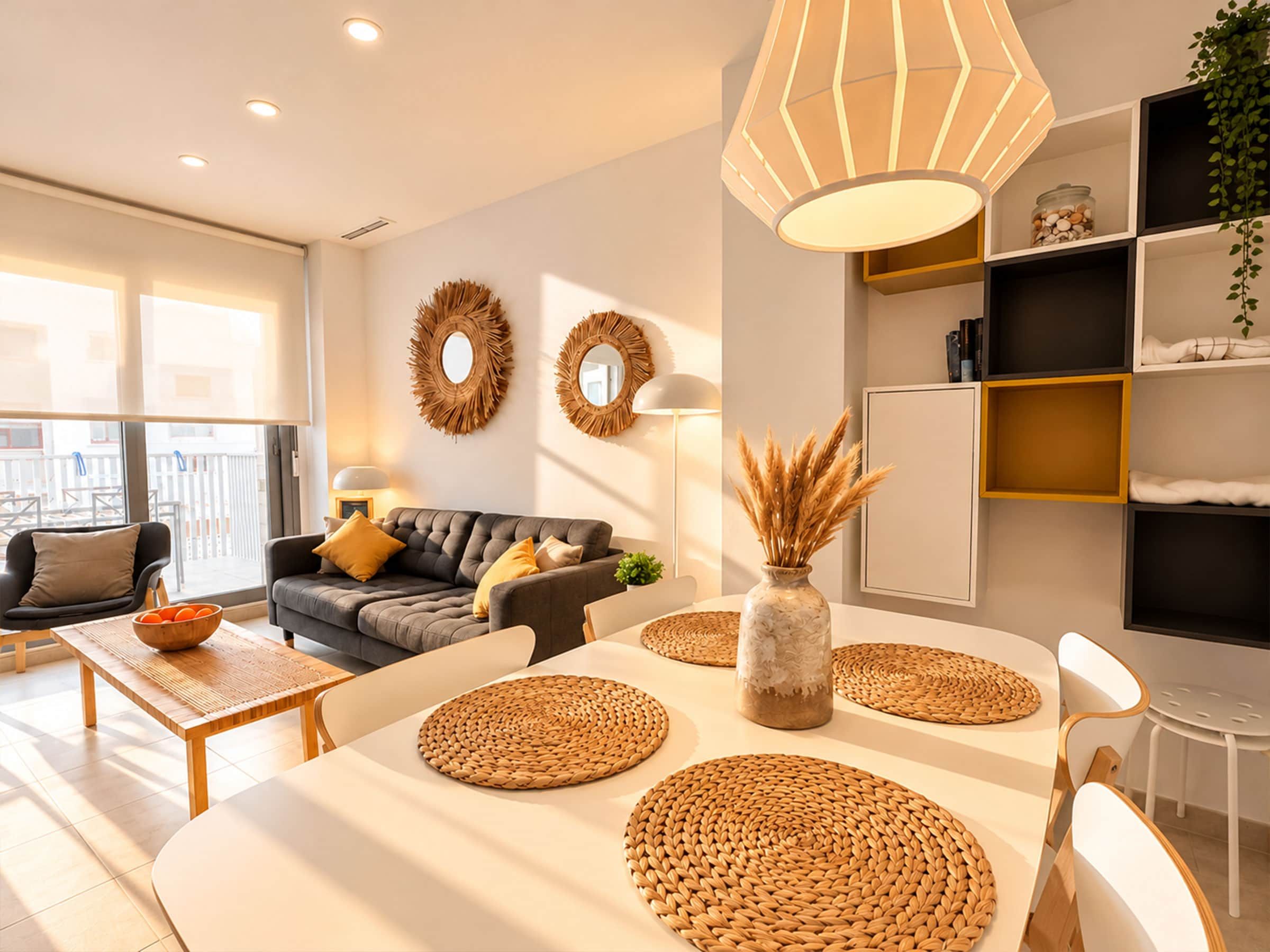 Een moderne woonkamer met een bank, salontafel en een eethoek met geweven placemats.