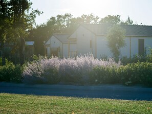 A row of white buildings with a garden in the foreground.
