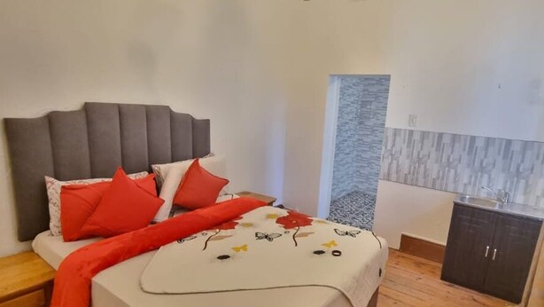 A bedroom with a bed, pillows, a nightstand, a wooden floor, a wardrobe, and a wall-mounted TV. - Neo & ruks guest house (Cape Town)