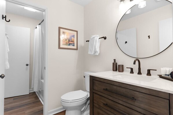 A bathroom with a white toilet, a vanity with a mirror, and a shower area. - Cozy Bungalow - Big Views, Pool & 4 Master Suites (Dillard)