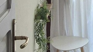 A door with a brass handle, a small plant, and a white chair. - CASE VACANZE LA MATTANZA (Trapani)