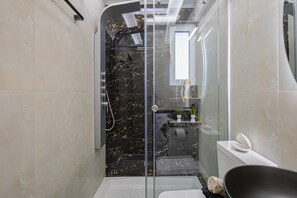 Uma casa de banho moderna com chuveiro de vidro, uma sanita branca e uma pia.