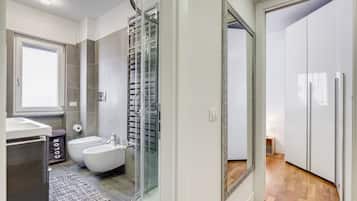 Shower, hair dryer, bidet, towels