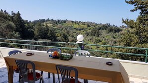 Ein Essbereich im Freien mit Tisch und Stühlen, einer dekorativen Schale und Blick auf einen bewaldeten Hang.
