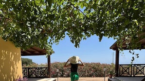 A pathway leading to a covered area with a pergola overhead, surrounded by greenery and a clear sky. - MATTEOTTO RESIDENCE, 2-BEDROOM APARTMENT, (Sardegna)
