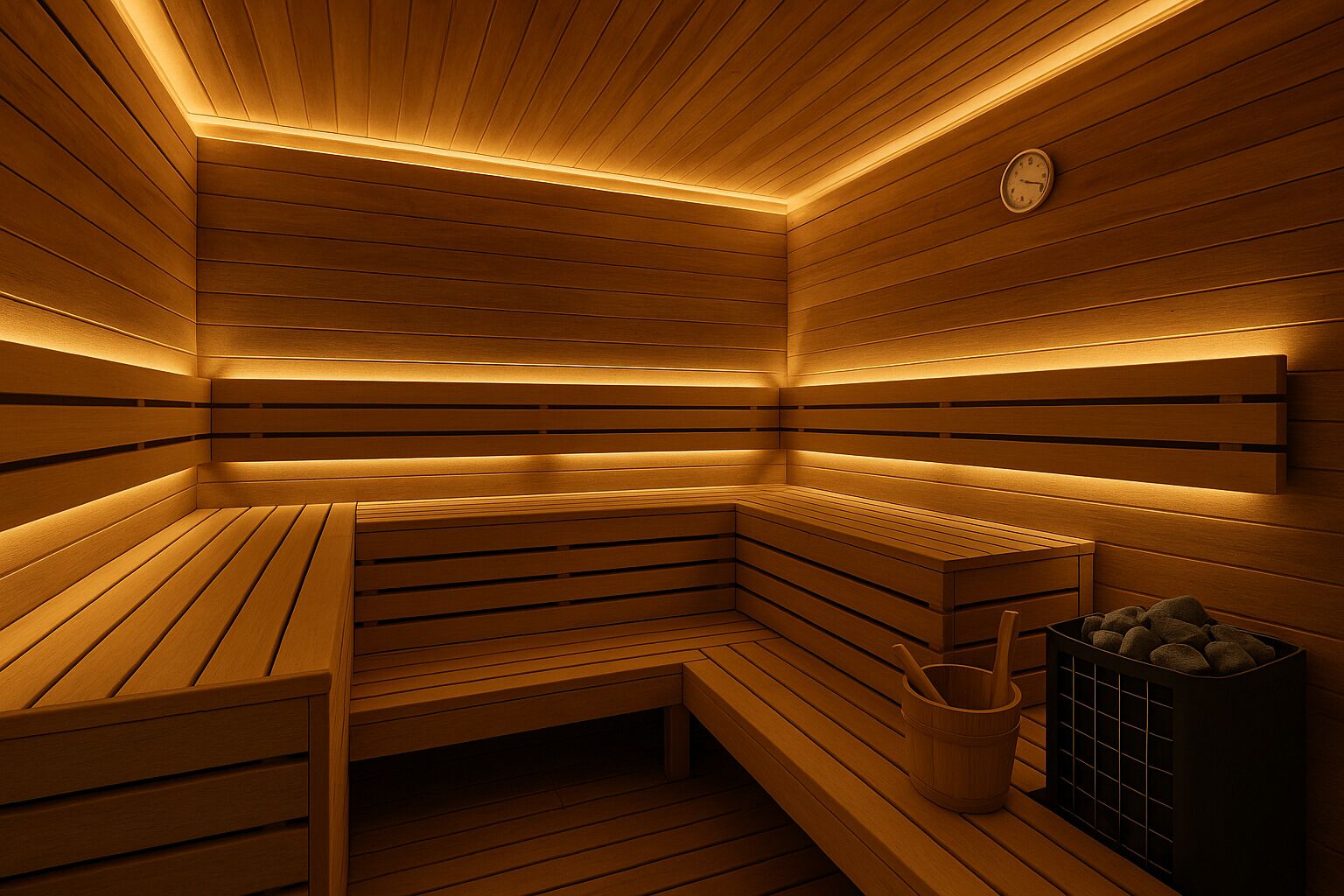 Un sauna avec des bancs en bois et un appareil de chauffage.
