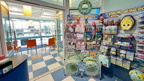 Uma área de recreação infantil com piscina, brinquedos Starland Krew e diversos artigos para festas.