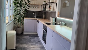 A modern kitchen with grey cabinets, a built-in oven, a sink, and a countertop. There is a potted plant and a hanging light fixture. - King Paul Suites Down Town Budapest in the heart of the city (Budapest, V. kerület)