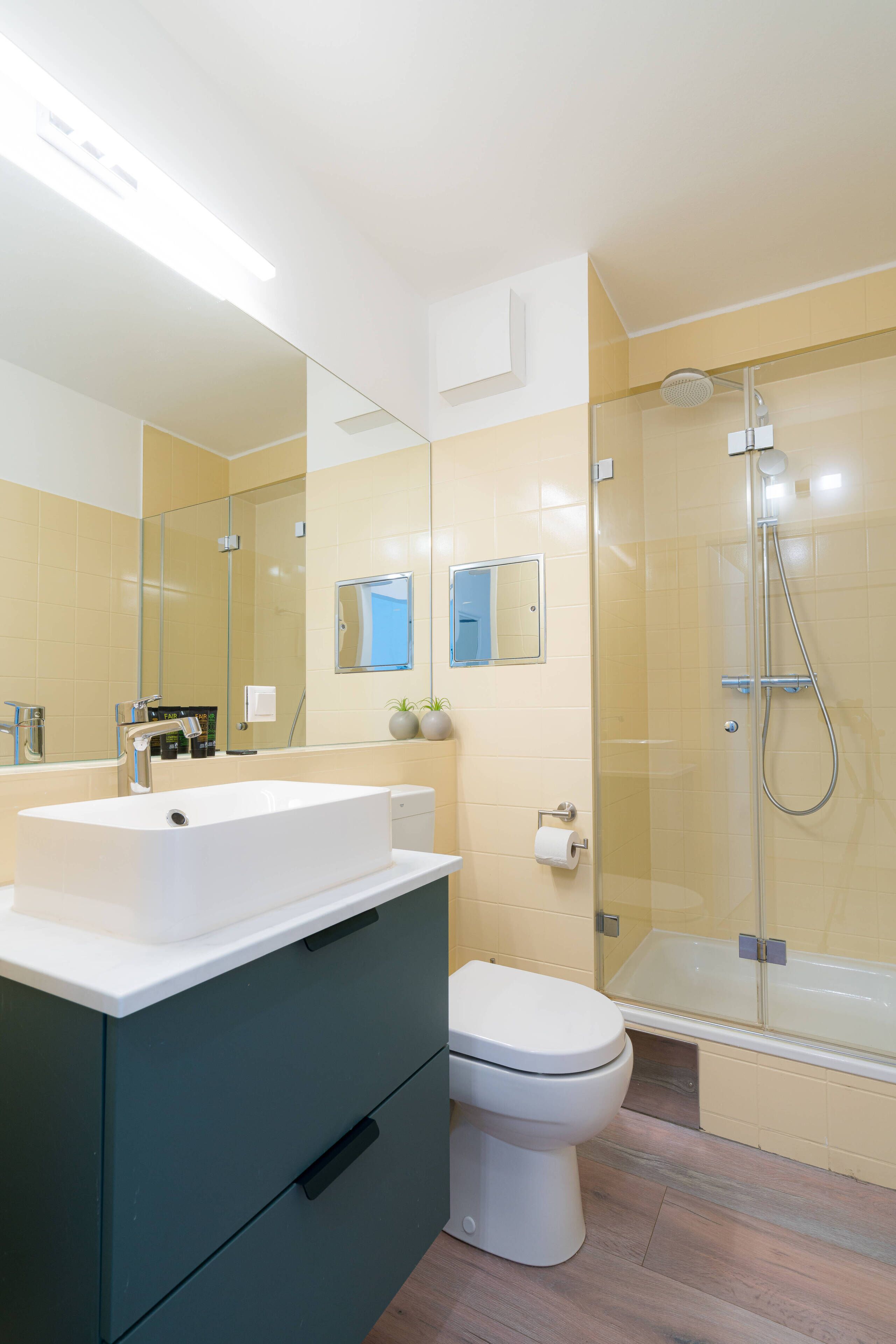 A modern bathroom with a glass-enclosed shower, a white sink, and a toilet.