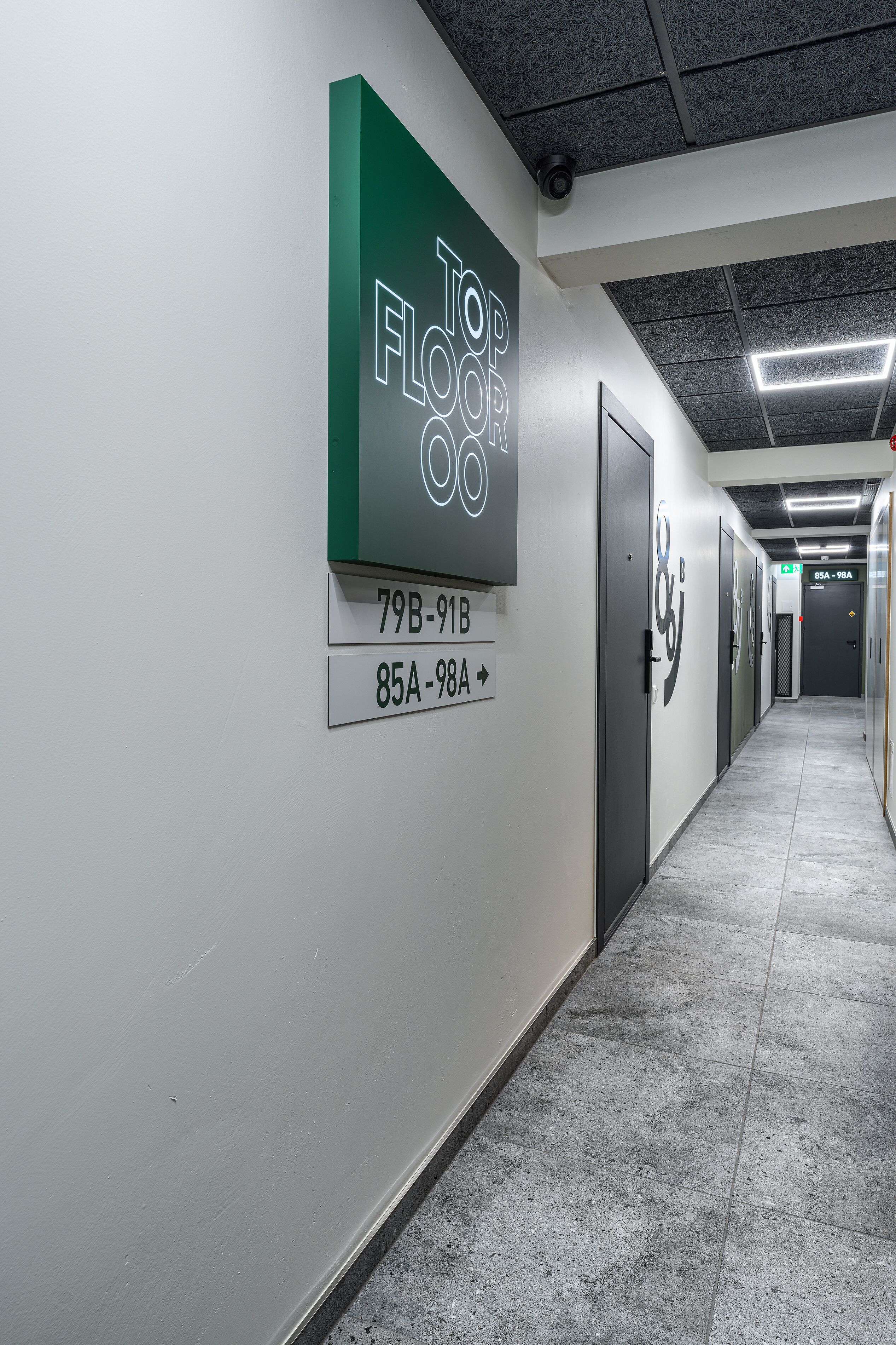 Ein Korridor mit Hinweisschildern für die Zimmer 79B-91B und 85A-98A, sowie einem Schild mit der Aufschrift 'Top Floor'.