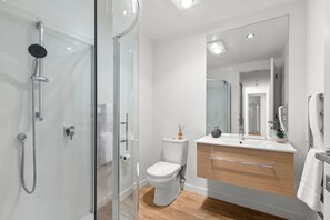 Hair dryer, towels, shampoo