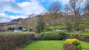Un paysage verdoyant et luxuriant, avec un mur de pierres, une haie et différentes espèces d’arbres.