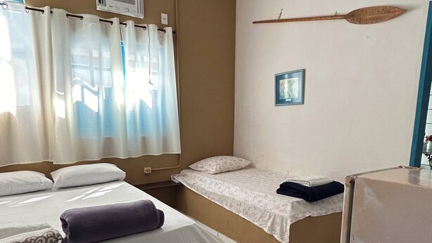 Ein Zimmer mit zwei Betten, einem Deckenventilator, einem Fenster mit Vorhängen, einem Bild an der Wand und einem kleinen Tisch mit einer Pflanze.