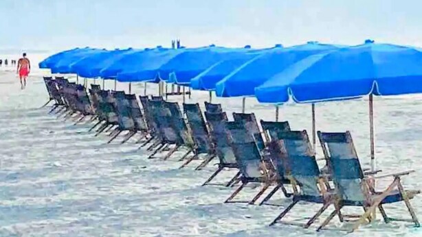 Una spiaggia con file di ombrelloni blu e lettini che si affacciano sul mare.