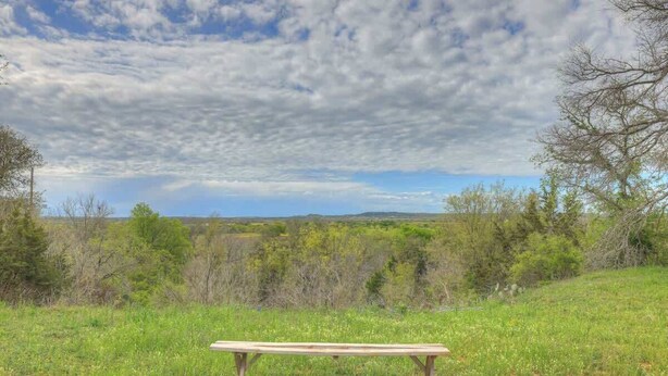 Un banco de madera en un campo cubierto de hierba, con árboles y un cielo nublado.